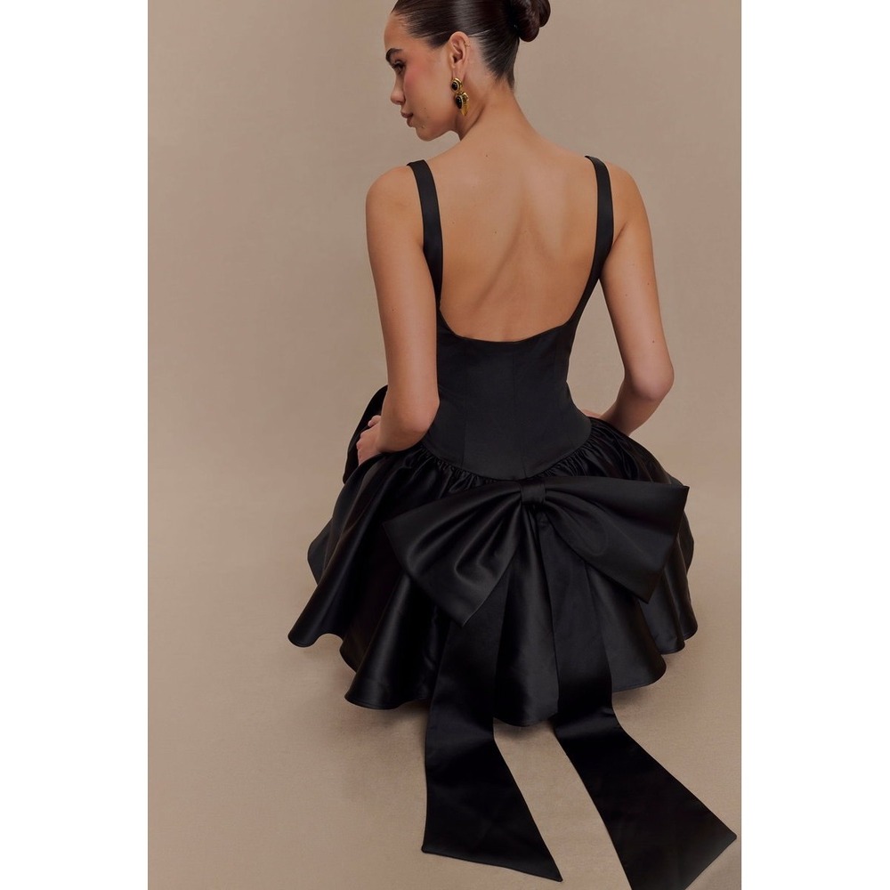 MESHKI Black Satin Fit & Flare Mini Dress with Statement Bow size M